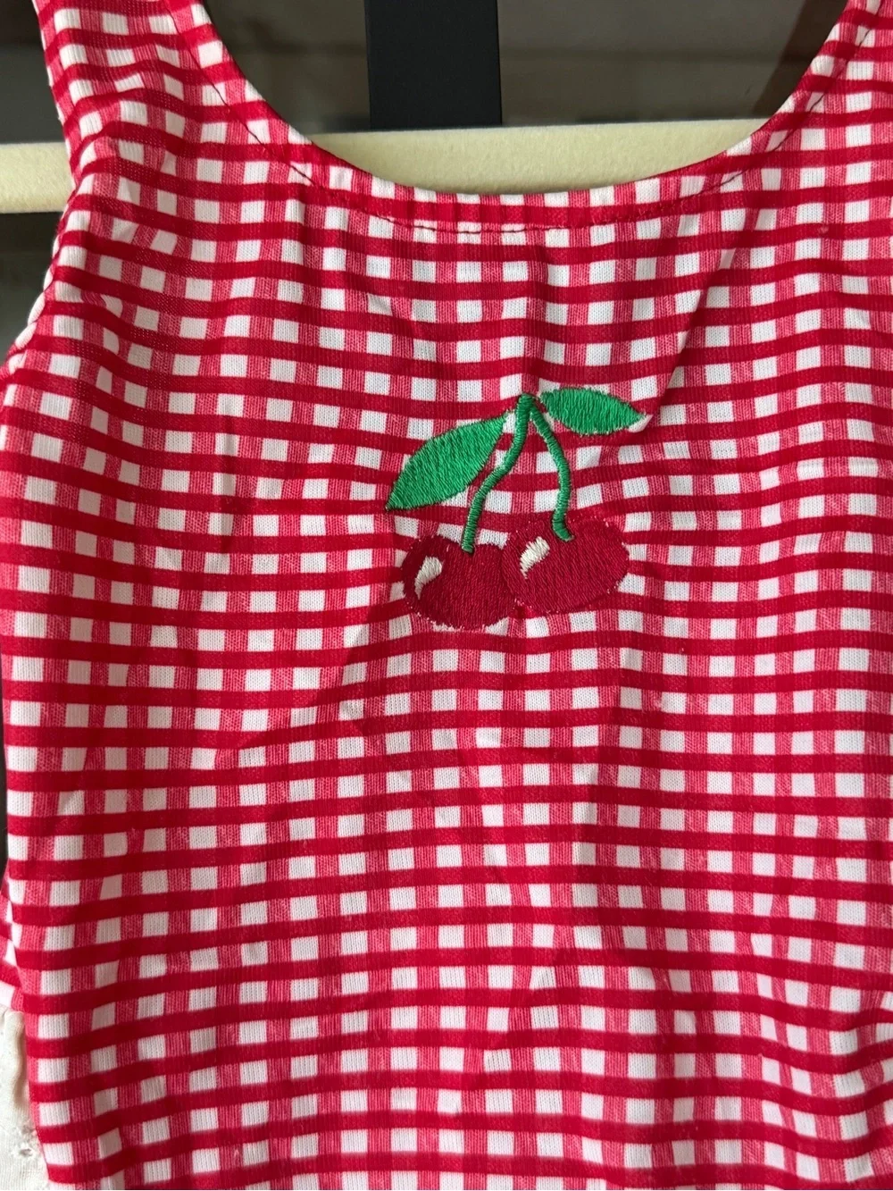 Vintage cherry gingham one piece swimsuit baby girl ruffle eyelet embroidered